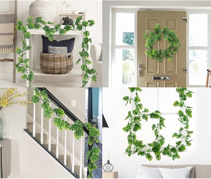RECUTMS 6Pcs Artificial Monstera Leaf Vines, 5.9FT Faux Tropical Monstera Garland Fake Hanging Plant Ivy Palm Leave Greenery Vine for Garden Porch Patio Jungle Luau Party Birthday Indoor Outdoor Décor