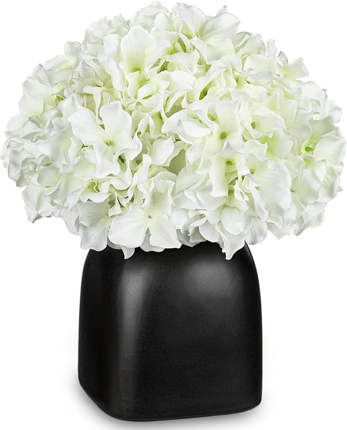 Briful Hydrangea Artificial Flowers White Silk Hydrangea Flowers in Deep Black Ceramic Vase Spring Flowers Arrangments Potted Fake Flowers for Home Decor Indoor Farmhouse Table Wedding Centrepiece