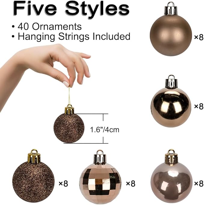 1.57" Bronze Christmas Balls Ornaments 40 Pcs Shatterproof Christmas Ornaments Set Matte Mini Bronze Ornament for Xmas Tree Halloween Holiday Party