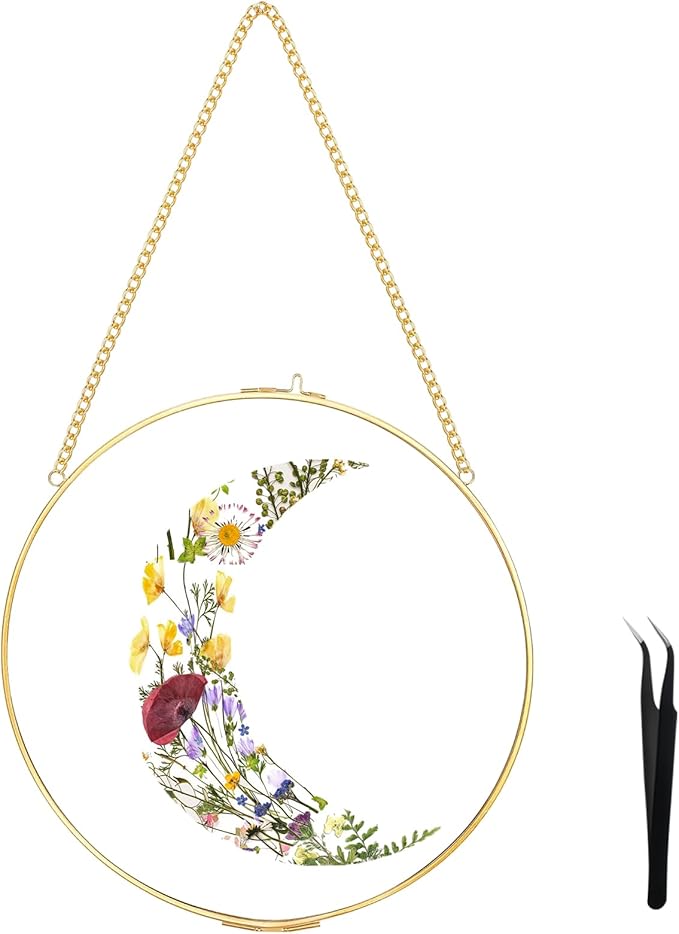 FOCHIER F Pressed Flower Frames with Tweezers, Wall Hanging Tabletop Display Double Glass Round Frames with Metal Chain for Pressed Dried Flowers Plants, Horizontal and Vertical Picture Frame, Golden