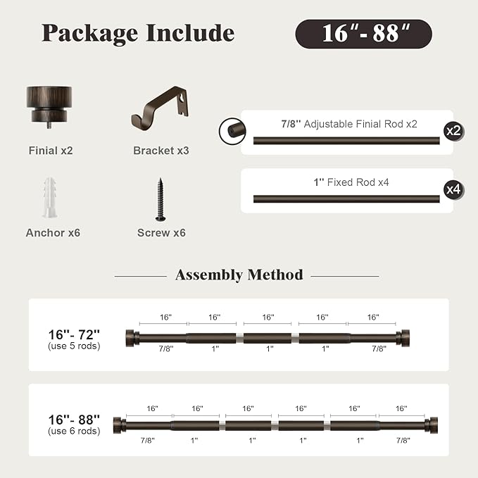 Oneach Antique Brown Curtain Rods for Windows 48 to 84 Inch, 1 Inch Pole Adjustable Length Heavy Duty Metal Curtain Rod Set, for Outdoor Bedroom Kitchen Living Room (16 to 88 Inch)