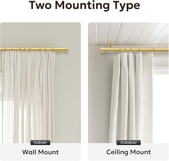 Zeerobee Curtain Rods for Windows 32 to 72, Brushed Gold Curtain Rod, Adjustable 1 Inch Heavy Duty Outdoor/Indoor Modern Drapery Pole, 32"-72"