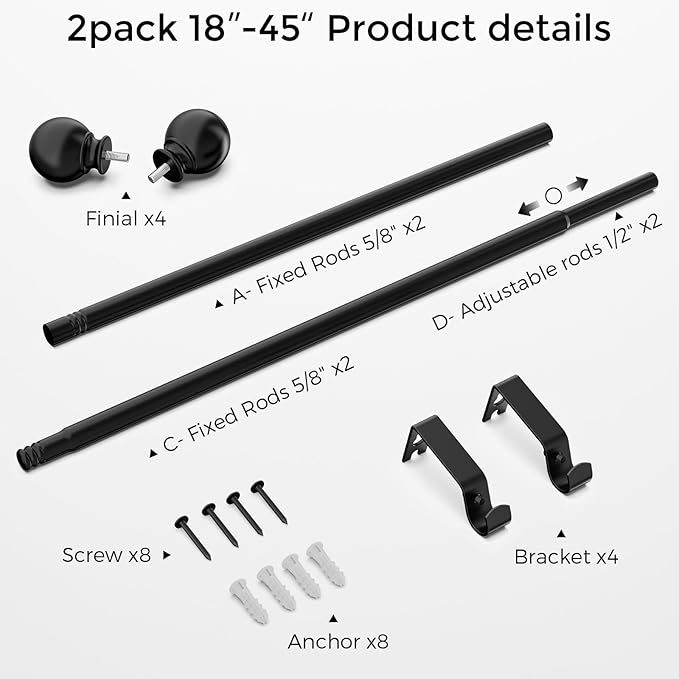 2 Pack Curtain Rod for Windows 18-45 Inch, Black 5/8 Inch Small Window Treatment Rods, Short Adjustable Splicing Drapery pole, Matte Black