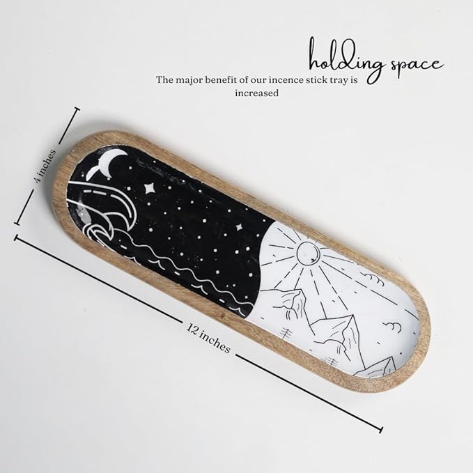 The Art Box Hand-Painted Incense Burner Holder White Black - 12x4x1 inch Wooden Long Incense Stick Tray Holder for Modern Gift, Ash Catcher Incense Stick Holder - Meditation & Yoga