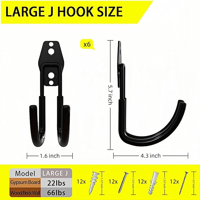 6 Pack Garage Hooks Heavy Duty, Steel Utility Ladder Hooks for Hanging Tools,Bikes, Hoses and Ropes - Wall Mount Organizer with Anti-Slip Coating（4.3）