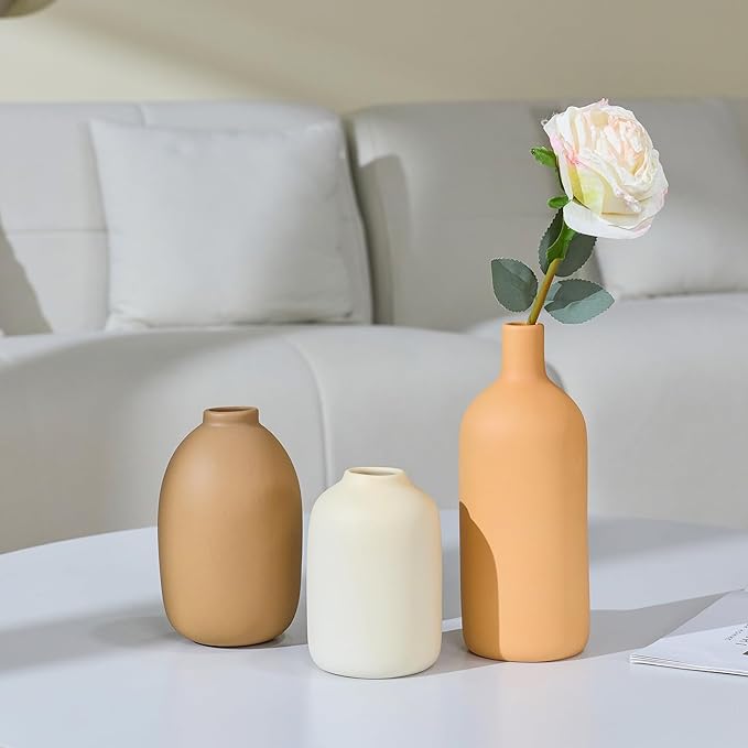 Ceramic Vase Set of 3,Neutral Modern Vases for Bouquet Pampas Grass Dried Fresh Flowers,Rustic Home Decor for Living Room,Bedroom Entryway(Beige)