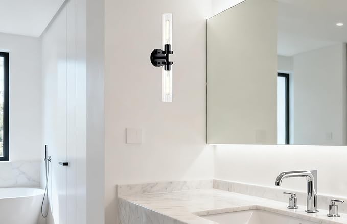 AT-VALY Wall Sconces Set of Two,Vanity Light Fixtures with Clear Glass,Modern Sconces Wall Decor for Bathroom, Living Room Mirror (Matte Black)