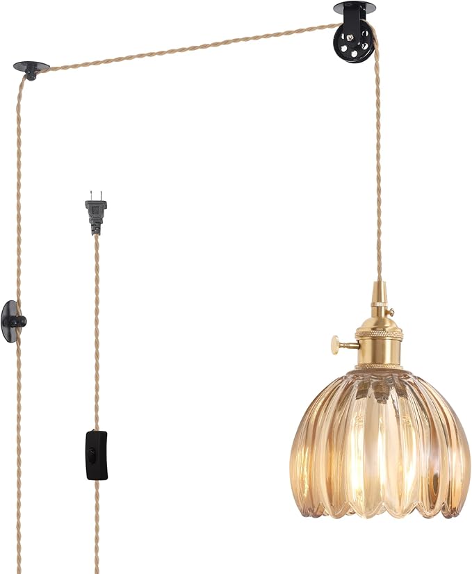Plug in Pendant Light Hanging Light Fixture Corded On/Off Switch Brass Pendant Light with Amber Tulip Glass Lampshade for Bedroom Living Room Kitchen Island