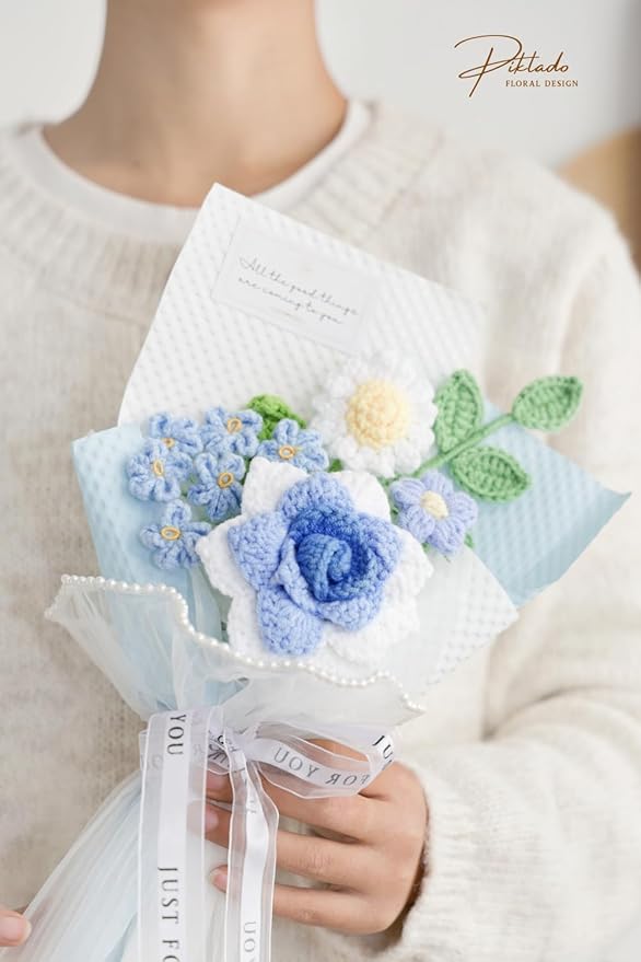 Hand-Woven Flower Bouquet Finished（1pcs） for Valentine's Day Girlfriend Birthday Gift Wedding Decoration Crochet Artificial Flower, Bouquet Gift (Blue)