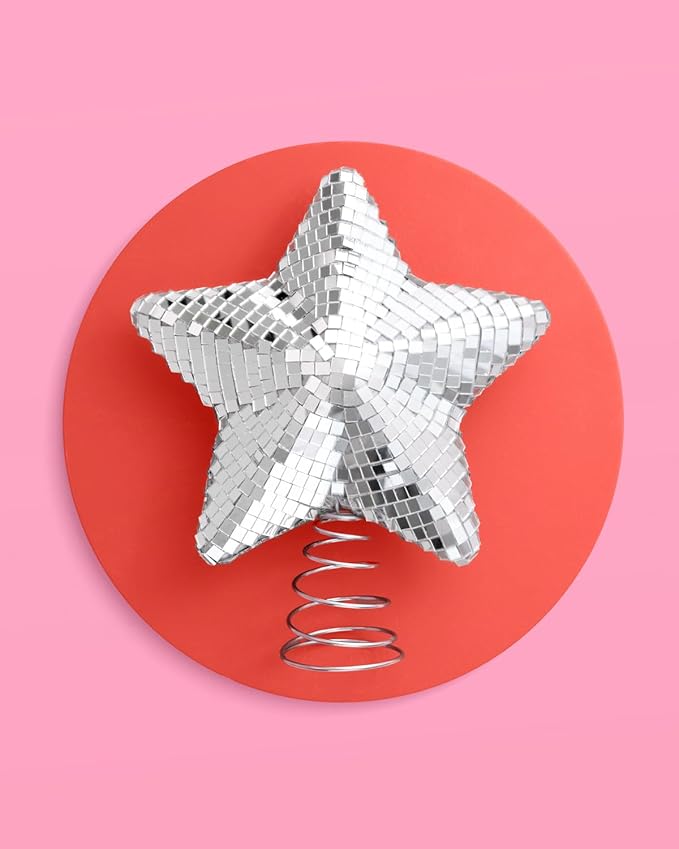 xo, Fetti Silver Disco Star Tree Topper, 8 in. | Christmas Tree Angel, Groovy Xmas Decorations, Holiday Party Decor, Fun Winter Gift, Metallic Stocking Stuffer