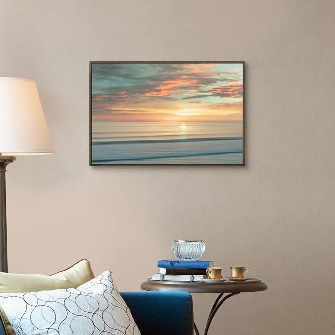 CANVAS ON DEMAND Beach Sunrise Walnut Float Framed Canvas Wall Art Print by Alex Hanson, Contemporary, Home Decor, Ocean Artwork,30" x20in