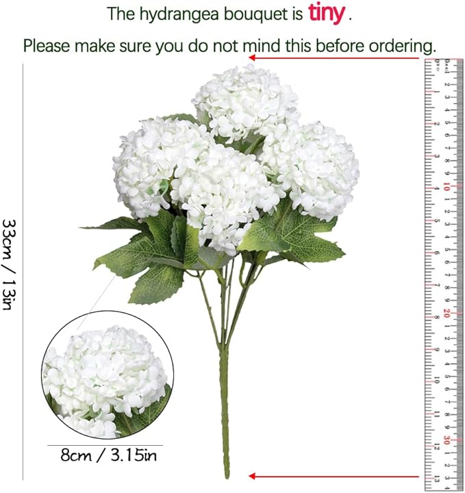GREENTIME 13” Artificial Hydrangea Flowers Faux Hydrangea Bouquet with 7 Head 3.15” Tiny Hydrangea for Vase Wedding Bouquet Home Decor DIY Baby Shower Centerpieces Tables Decoration(White)