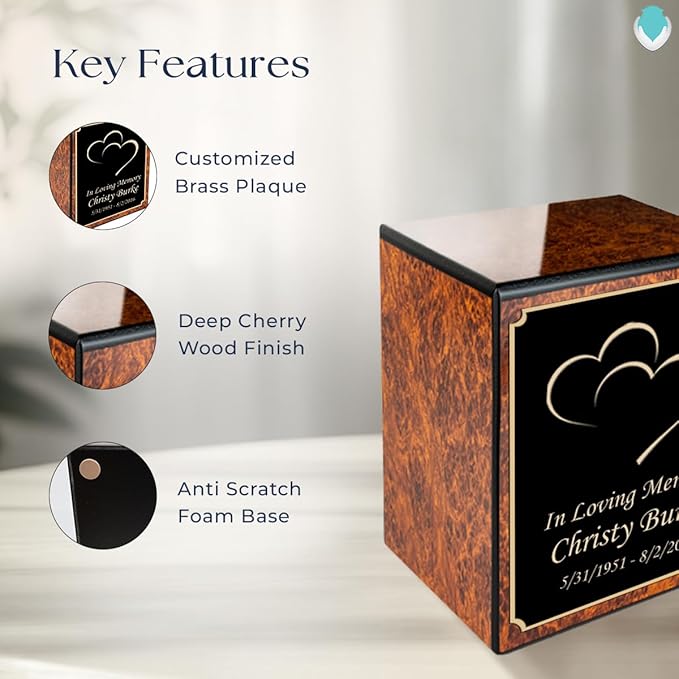 GetUrns Custom Heart Small Urn Box for Human Ashes I Personalized Wooden Keepsake Cremation Urn for Male or Female I Burl Wood Memorial Box I 40lbs