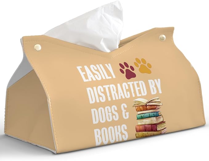 Yellow Dog Tissue Box Cover Rectangle,Leather Toilet Paper Box,Funny Decorative Facial Paper Case for Living Room Bathroom Kitchen Office Desk,Easily Distracted by Dogs and Books,9.8x5.9x5.9