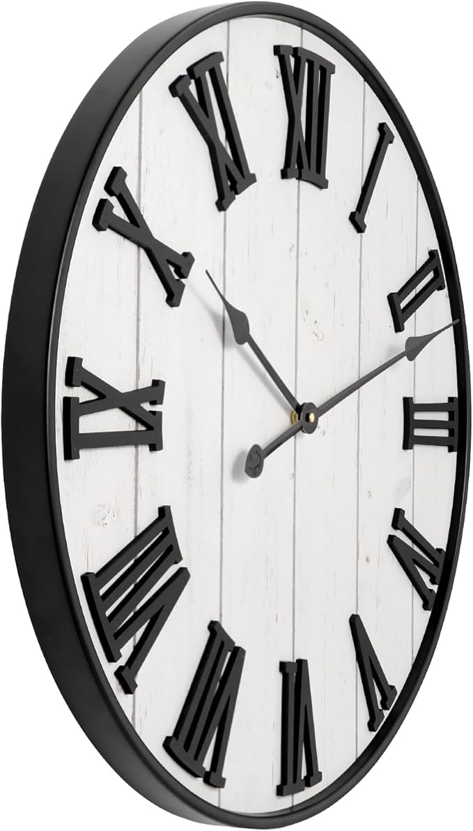 MODE HOME Large Rustic Wooden Wall Clock, 24 Inch Whitewashed Farmhouse Wall Clock with Carved Roman Numerals, Silent Battery Operated Round Vintage Clock for Living Room, Kitchen, Bedroom, Study Room