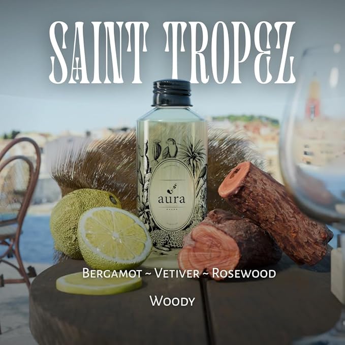 A U R A - Saint Tropez Fragrance Oil for Waterless Scent Diffuser - Inspired by Bul.geri Homme | (1.7 fl oz, 50 ml) Pure Essential Oil Blends for Aromatherapy Diffuser & Hotel Collection Oil Diffuser