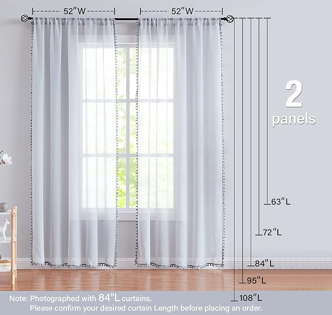 Treatmentex Pom-Pom Grey Sheer Curtains for Bedroom 63" Window Drapes Rod Pocket Textured Sheer Curtain for Kids Room 52" w 2 Panels