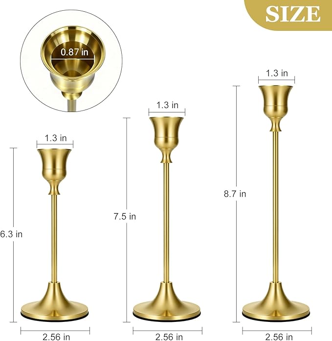 Mellotesy Taper Candle Holders Set of 3 - Tall Vintage Brass Gold Candlesticks for Dining Table, Wedding Centerpiece, and Mantel Decor