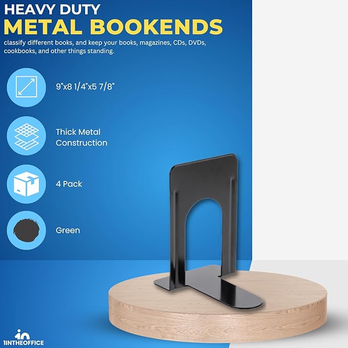 1InTheOffice Black Metal Bookends, 4/Pack - 8 1/4" x 5 7/8" x 9" Heavy Duty