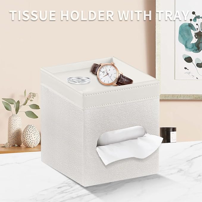 Tissue Box Cover Square, PU Leather Tissue Cube Box Holder with Storage Valet Tray, Decorative Tissue Holders, Modern Tissues Case Napkin Dispenser Facial Paper Organizer for Bathroom Vanity