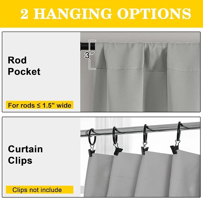 Silver Grey Blackout Curtains for Bedroom Living Room 72 Inches Long 2 Panels Set, Soft Solid Thermal Room Darkening French Door Curtain, Modern Rod Pocket Design, Silver Grey, 40" Wx72 L
