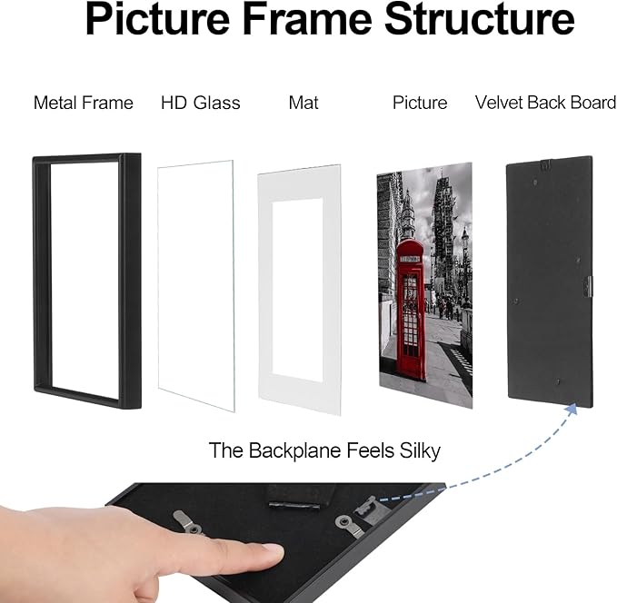 5x5 Picture Frame Set of 4, Matted Black Simple Modern Brushed Thin Aluminum Metal Square Photo Frame Fits 4x4 with Mat or 5 x 5 without Mat Display For Tabletop or Wall Collage