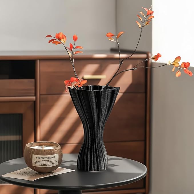 Minimalist Black Ceramic Vase, Irregular Organic Shape Decorative Flower Vase for Home Decor, Wabi-Sabi Modern Accent for Living Room Table Shelf