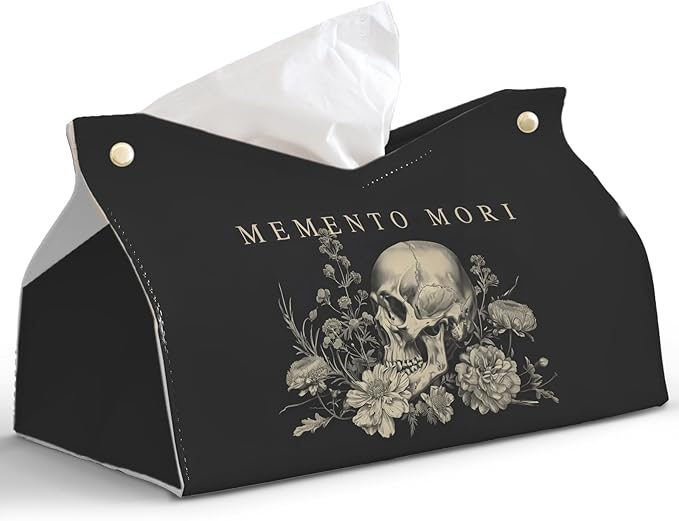 Memento Mori Skull Blck Leather Tissue Box Cover Rectangle,Academia Catholic Toilet Paper Box Holder,Gothic Decorative Facial Paper Case for Living Room Kitchen Office Desk,9.8x5.9x5.9