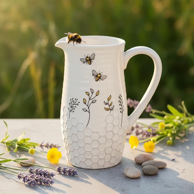 Young's Inc Honey Bee Ceramic Water Pitcher/Vase,Bee Farmhouse,Rustic Decor for Kitchen,Dining Accessories,8 Inch