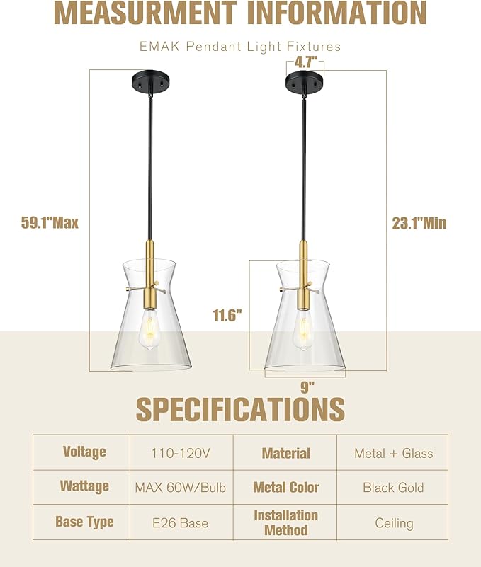 Emak Modern 9 Inch Black and Gold Pendant Lights Kitchen Island, 2 Pack Large Pendant Light with Clear Glass Shade, Farmhouse Island Lights for for Kitchen, Dining Room, Bathroom, PL130-BKBGD-CG-2PK