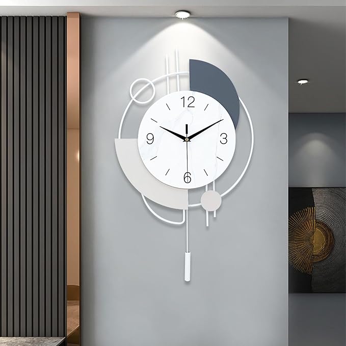Decorative Wall Clock with Pendulum, Silent Quartz Non-Ticking Battery Operated, Large Wall Clocks for Living Room Kitchen Home Bathroom Bedroom - 16x26.5in(White)
