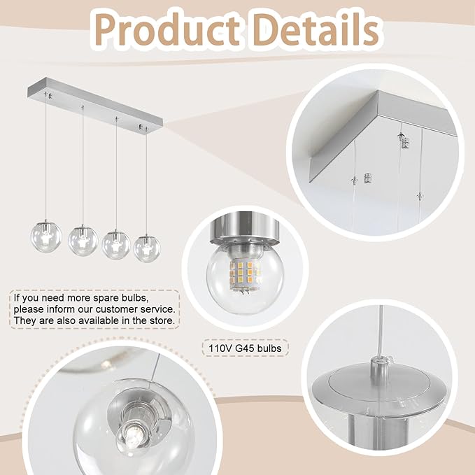 Modern Kitchen Island Lighting Linear Chandeliers for Dining Room 4-Light Glass Globe Hanging Pendant Light for Living Room Hallway Bedroom