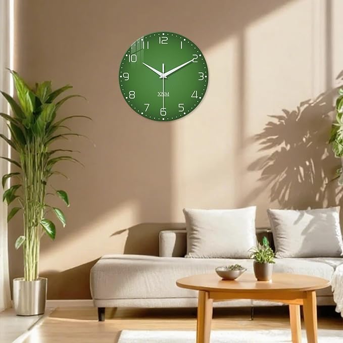 XNM Green Wall Clock for Living Room 16 Inches or Larger Modern Glass Wall Clock for Women Silent Wall Clocks Battery Operated
