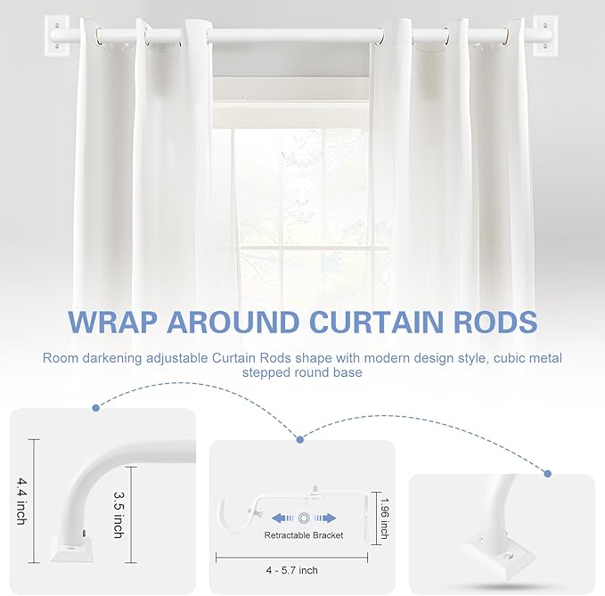 White Wrap Around Curtain Rods 36 to 72 Inch:Blackout Heavy Duty Adjustable Window Curtain Rod Room Darkening,1Inch Modern Industrial Curved French Return Metal Drapery Rods Easy Install,White