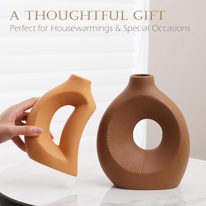 Ceramic Vase Set of 2 - Handcrafted Ceramic Vases for Home Decor & Shelf - Modern Farmhouse Decor for Kitchen, Office, Bedroom & Living Room Decorative Objects for Mantel, Table Centerpieces