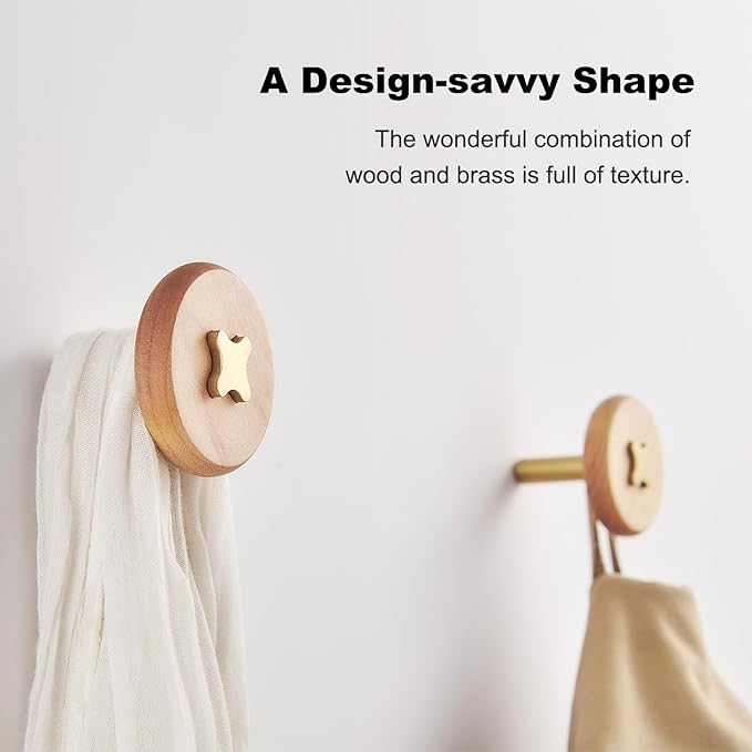 TECI Solid Brass & Maple/Mahogany Wall Hooks 2 Pack - Decorative Heavy Duty Coat Hooks with Vintage Cross Screw Design for Entryway, Bathroom, Luxury Spaces TC008F