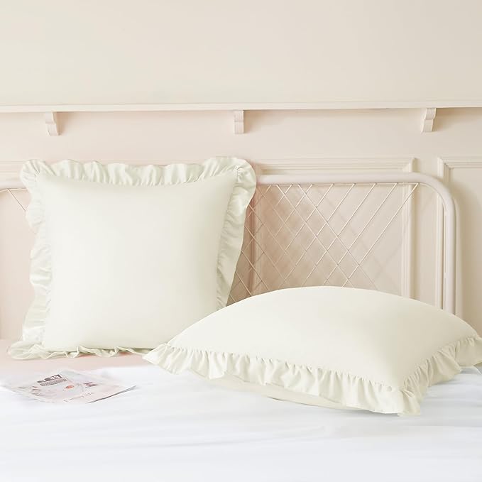 KKJIAF Ruffle Pillow Cases 24x24 Inches, Beige Square Ruffled Pillow Covers Set of 2, Microfiber Wrinkle Resistant Pillow Shams with Envelope Closure for Sofa Bed Living Room