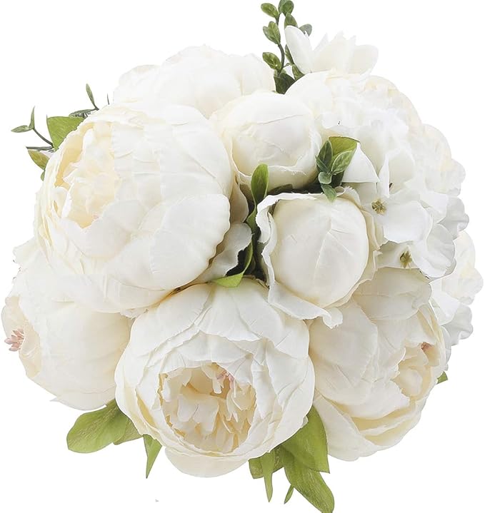 Flojery Silk Peony Bouquet Vintage Artificial Peonies Flower for Home Wedding Party Decor (1pcs, White)