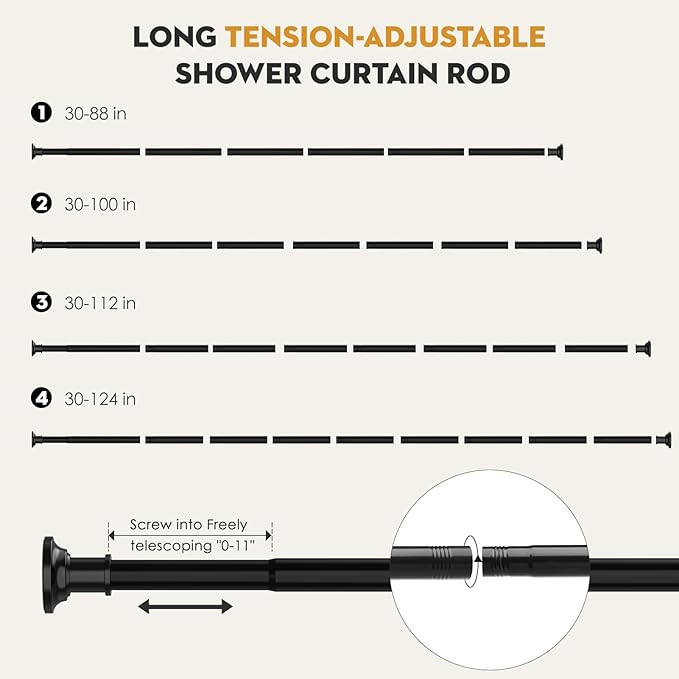 Tension Shower Curtain Rods 1.1" Diameter Black Long Curtain Rod 30 to 100 inch Adjustable Spring Heavy Duty Rods for Bathroom Windows Outdoor No Drill No Slip Stainless Steel