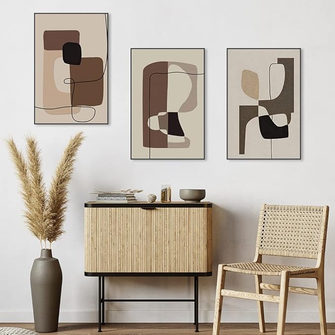 FCHUI Modern Aesthetic Decor 24" x 32" Framed Wall Art,Neutral Black, White And Gray Abstract Lines Color Block Canvas Posters & Prints, Home Wall Decor Natural Living Room Bedroom Bathroom