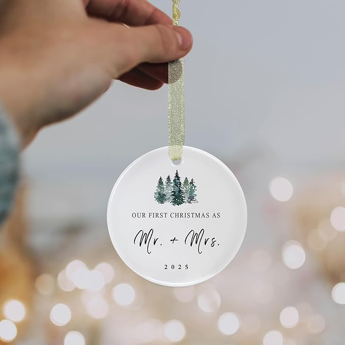First Christmas as Mr and Mrs Ornament 2025,1st Year Wedding Ornament for Newlywed,Our First Married Christmas Ornament,Ceramic Hanging Decoration for Couples Just Married with Gift Box&Ribbon (2.9"