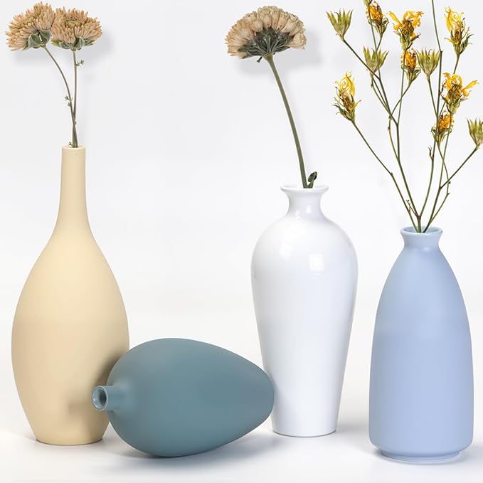 Ceramic Vase Set of 4,Small Vases for Dried Flowers&Pampas Grass,Vase for Home Decor,Modern Farmhouse Decor,Morandi Color Ceramics Decoration for Centerpieces for Tables