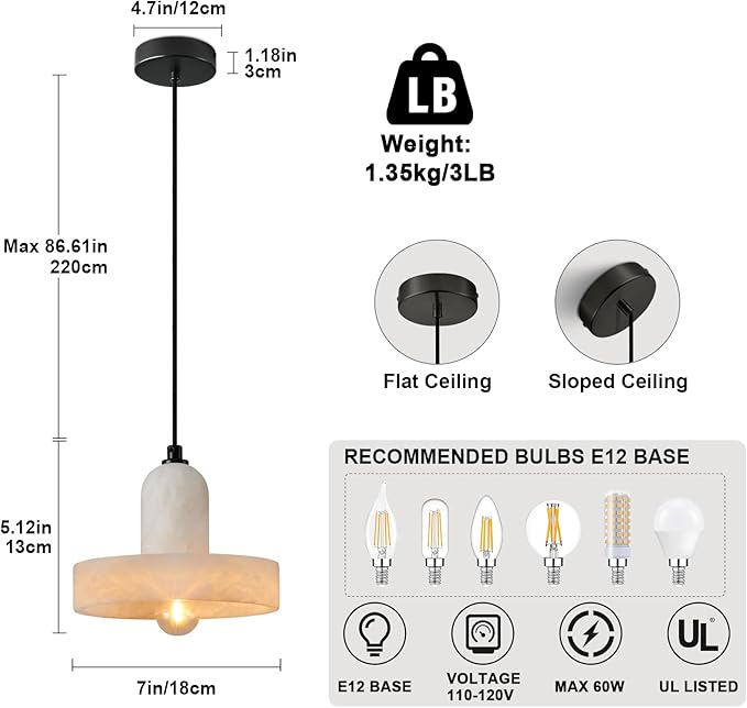 Alabaster Pendant Light Kitchen Island, Black Hanging Light Fixture with Natural Alabaster Stone Shade, Adjustable Pendant Lighting Over Sink, Dining, Bar, Counter - 2 Pack