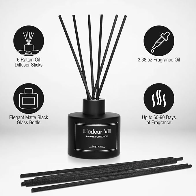 L'odeur Vill Reed Diffuser, 3.4oz(100ml) Juicy Lemon Reed Diffuser Set with 6 Oil Diffuser Sticks, Matte Black Aroma Scent Diffuser, Long Lasting Home Fragrance for Bathroom Shelf Decor