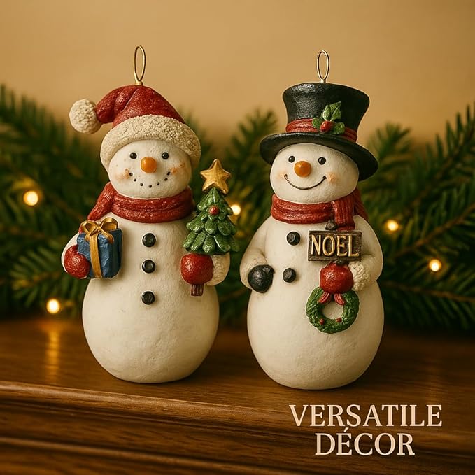 Christmas Snowman Ornament Set of 2 – Hand-Painted Resin Figurines with Hanging Cord, Cute Holiday Decorations for Tree, Mantel, or Gift – 4" Tall Lightweight Christmas Decor (Snowmen)