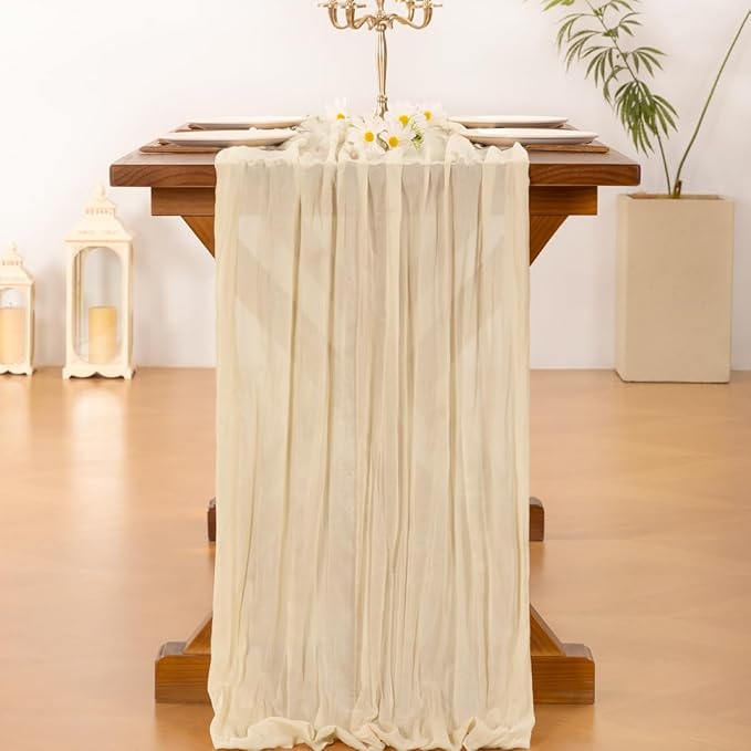 Socomi 10pcs Beige Valentine's Day Cheesecloth Table Runner Boho Rustic Gauze 120 inch 10FT Cheese Cloth Runner for Wedding Party Baby Shower Birthday Home Decor Holiday Decorations