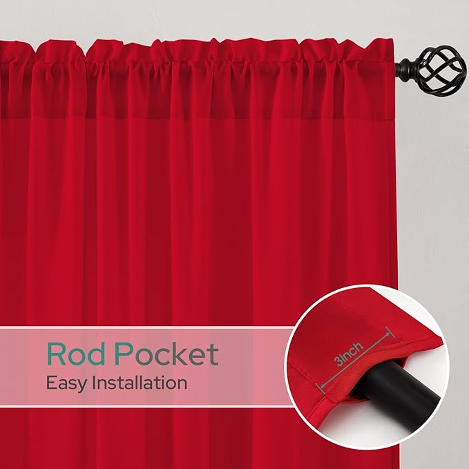 HOMEIDEAS Christmas Non-See-Through Red Privacy Semi Sheer Curtains 45 Inches Long 2 Panels Set Light Filtering Curtains for Living Room Bedroom Drapes,W52xL45