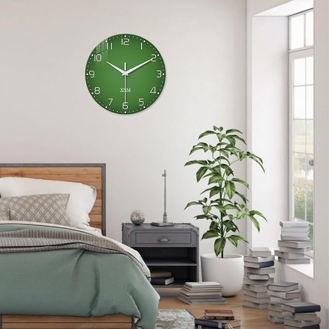 XNM Green Wall Clock for Bedroom Round Glass Wall Clocks Battery Operated 14 Inch Contemporary Analog Simple Wall Clock Silent