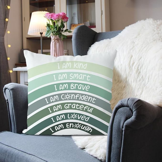 QIYUHOY Boho Sage Eucalyptus Green Rainbow Classroom Throw Pillow Covers, Olive Green Pillow Cover, Book Center Calming Corner Playroom Decor Pillow Case,I Am Kind Smart Brave Confidence,18x18 Inch