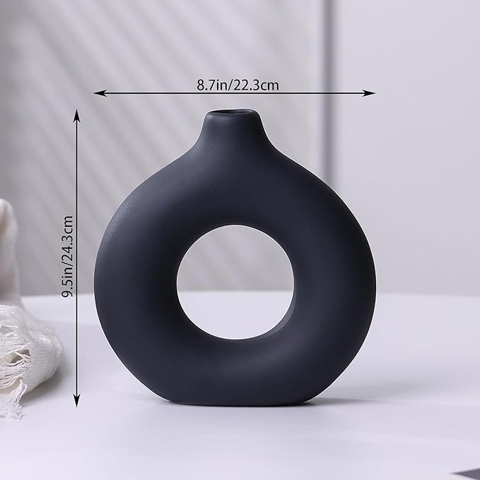 Modern Donut-Shaped Decorative Vases, Handmade Minimalist Boho ins Style, Modern Vase for Home Decor for Wedding Dinner Table Party Living Room Office Bedroom (Black, Small)